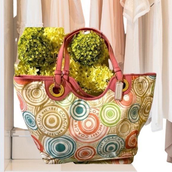 Coach Multicolor Signature Beach Print Patent Leather Trim Pink Tote - Picture 1 of 16